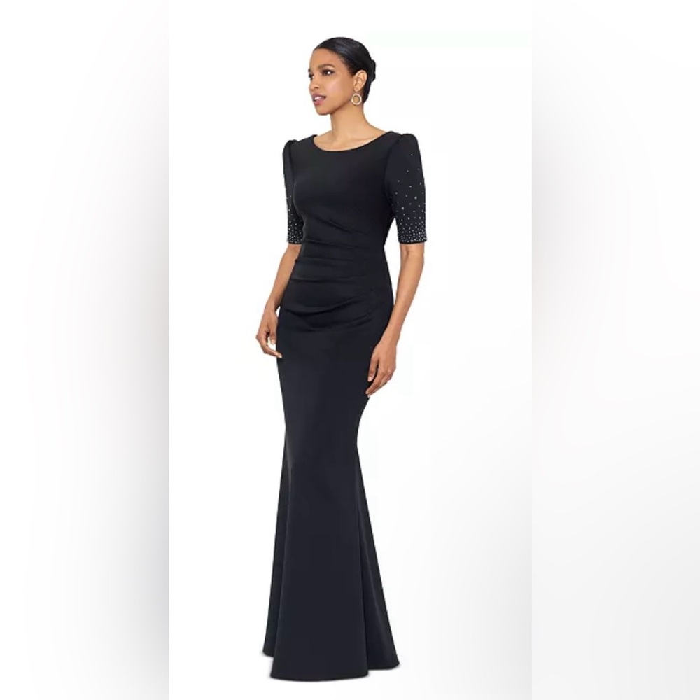 Xscape Black Formal Gown Petite 8P NWT Elegant Evening Dress Sparkle Sleeve